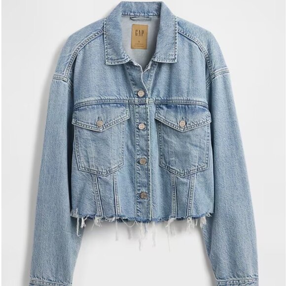 GAP UltraSoft Relaxed Cropped Icon Raw Hem Denim Jacket XS - Picture 16 of 16